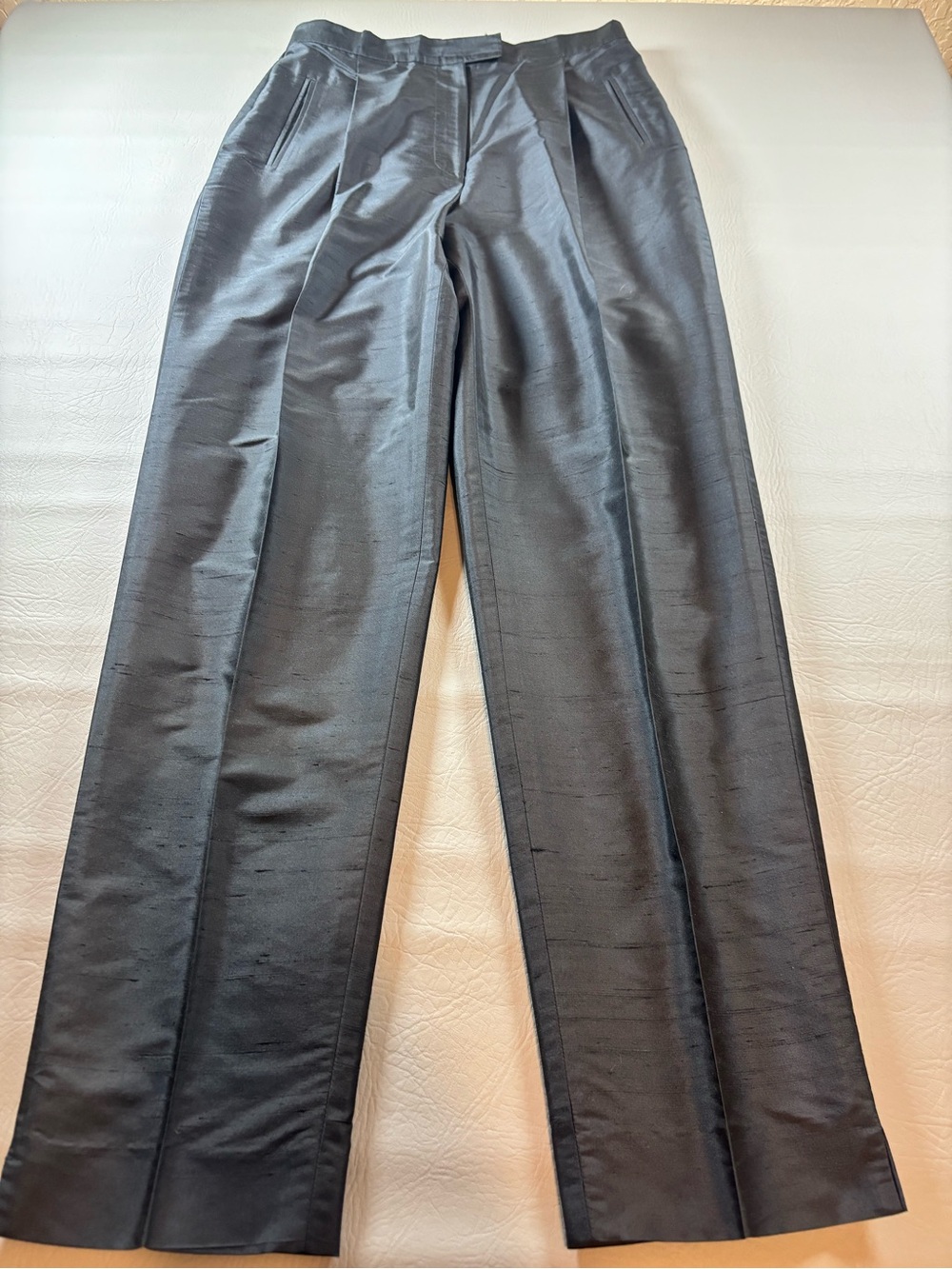 Rena Rowan 100% Silk Black Pleated Trousers Mid Rise Pockets Size 10